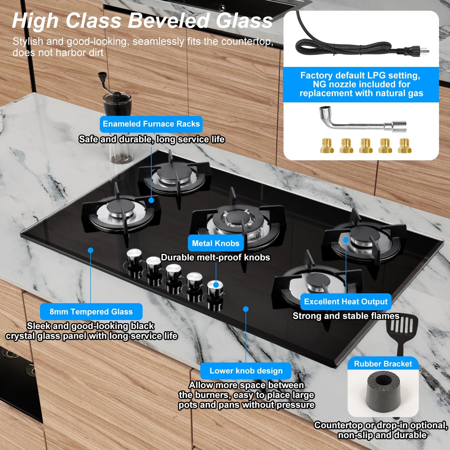 Borrallio Built-in Gas Cooktop 5 Burner 30 inch, Dual Fuel Tempered Glass Gas Stovetop Propane/Natural Gas Convertible,Thermocouple Protection,35900BTU