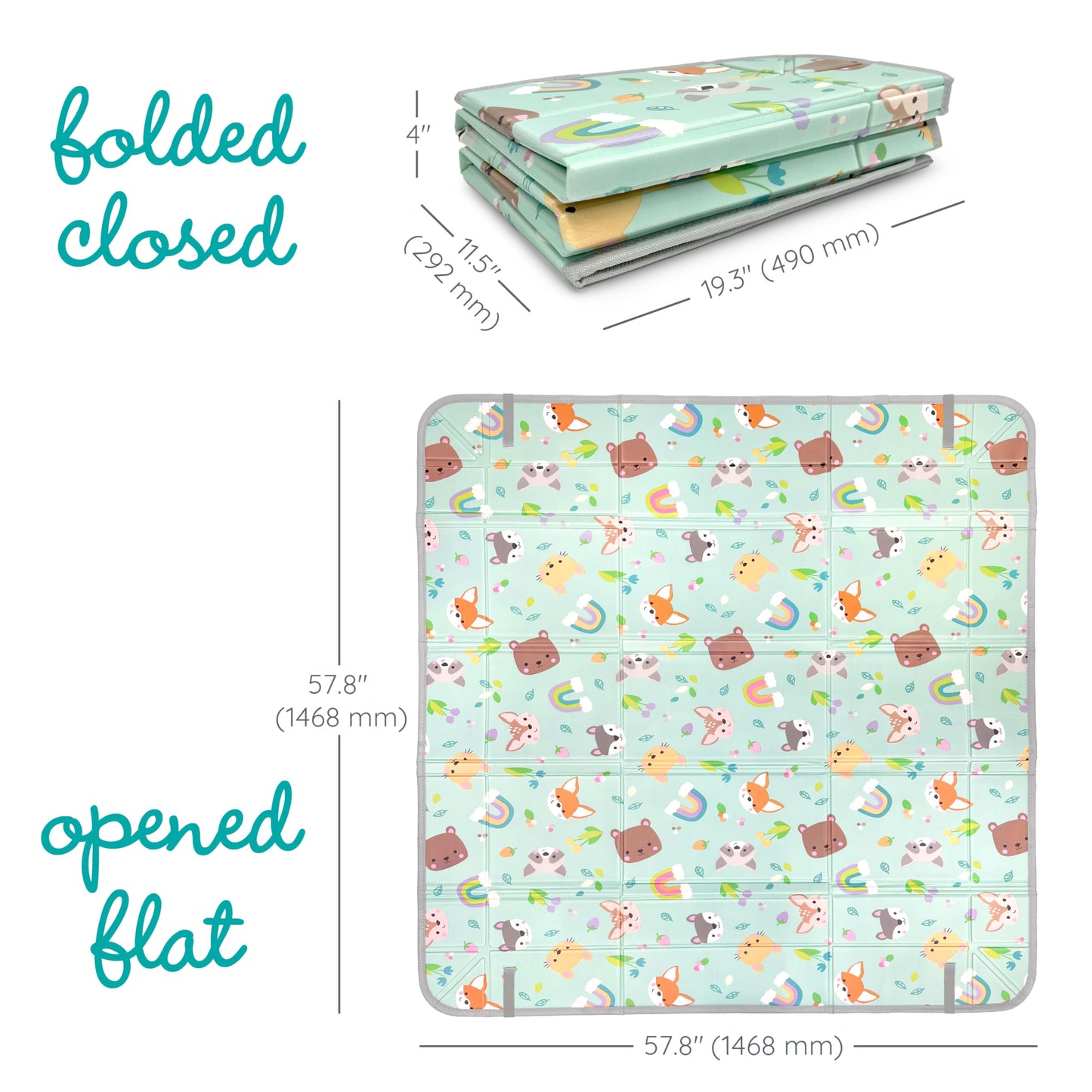 Infantino Foldable Soft Foam Play Mat, 57" Baby Mat for Floor Time, Lightweight, Easy to Store, Wipeable, Animals