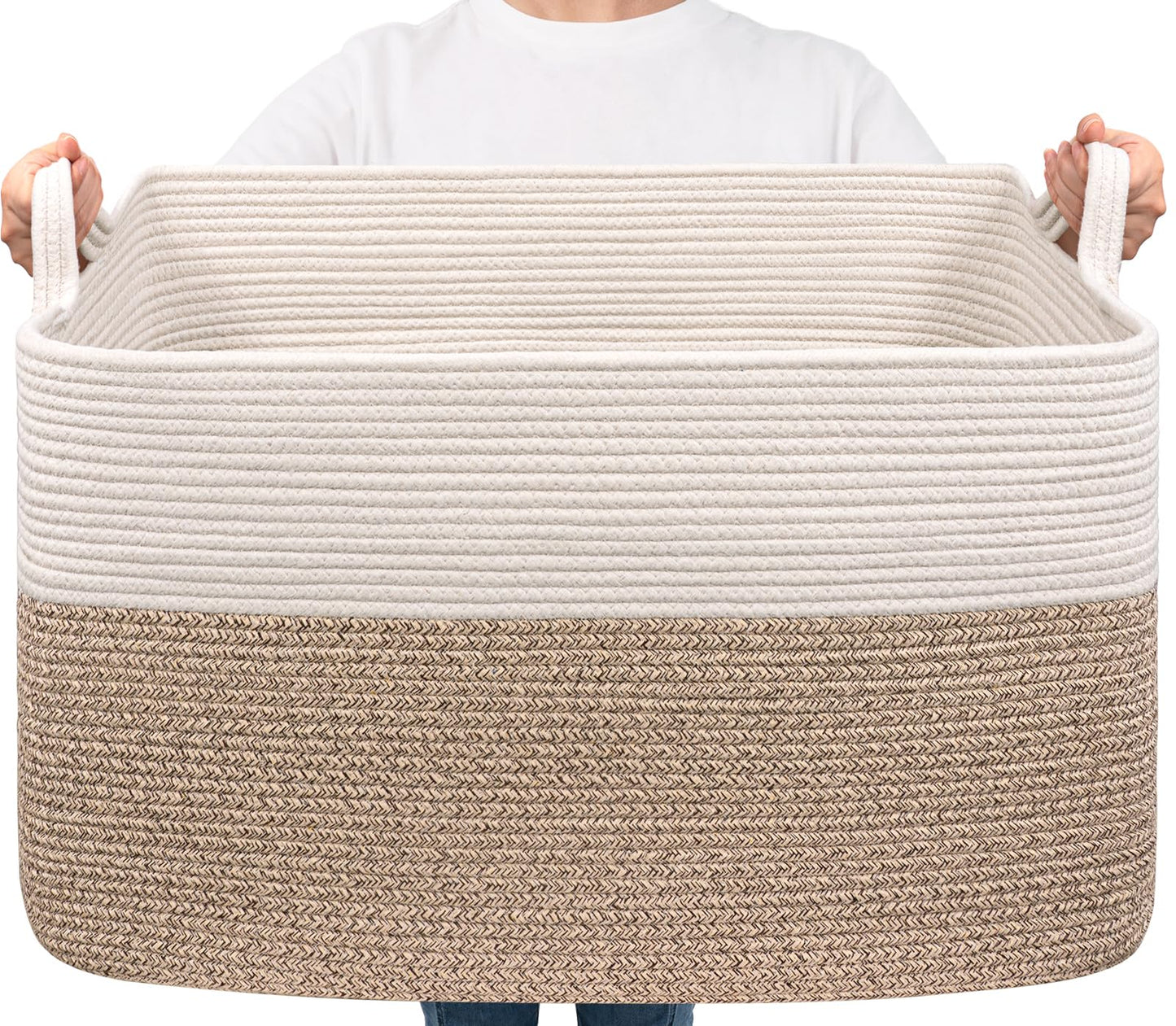 Goodpick Extra Large Woven Blanket Basket, 23.6" x 15.7" x 13.8" Storage Organizer for Blankets, Toys, Dirty Clothes, Rectangle Cotton Rope Basket for Living Room, Nursery, Bedroom