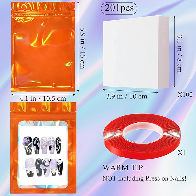 Qenk 100PCS Empty Holographic Nail Storage Bag Press on Nail Packaging Bag and 100PCS Shiny white cardboard Nail Tips Packaging Bags with 1 Roll Transparent Tape (Orange)