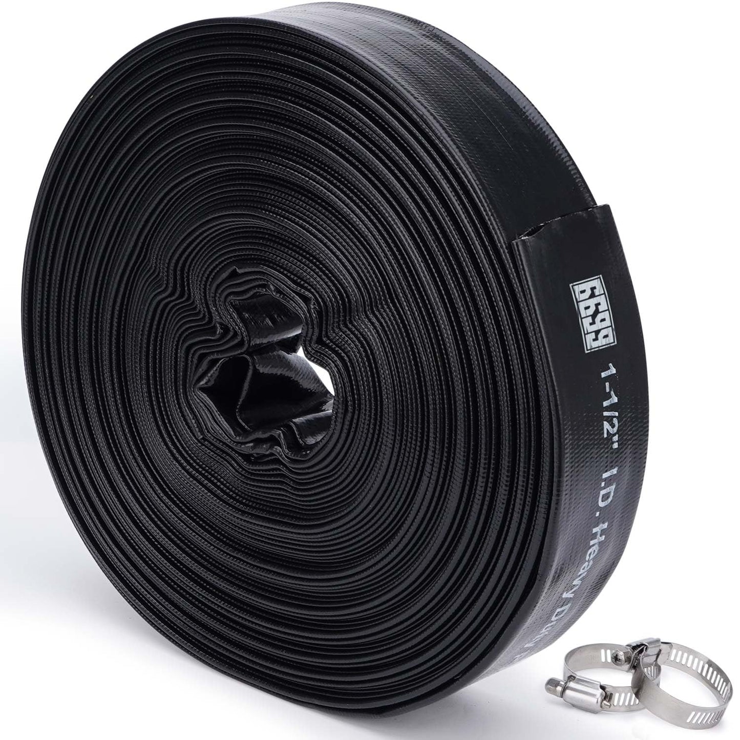 6699 Discharge Hose 1-1/2-Inch by 100-Foot Sump Pump With 2pcs SUS 304 Clamps for Pool Backwash, Draining/Removing Water - Lay Flat 1500
