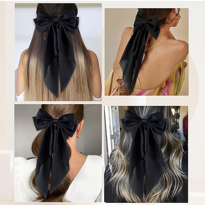 6Pcs Large Bows Hair Clips for Women Girls Long Tail Hair Ribbon Silky Satin Barrettes Coquette Hair Bows Accessories (Black)