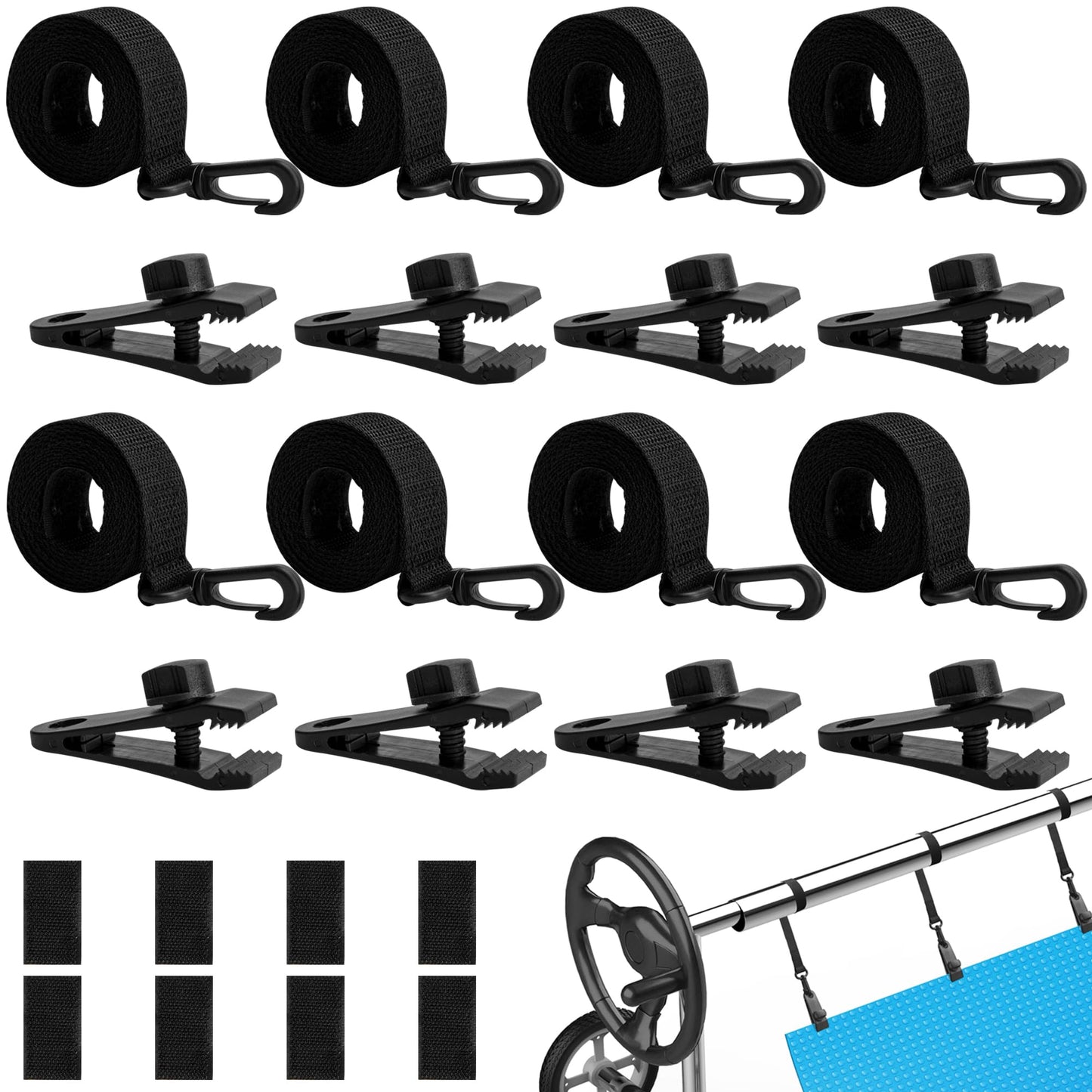 codree 24 Pcs Pool Solar Cover Reel Attachment Kit, Inground Swimming Pool Solar Cover Straps and Clips, Solar Blanket Strap Kit Including 8 Straps with Hooks, 8 Clips and 8 Touch Fastener (Black)