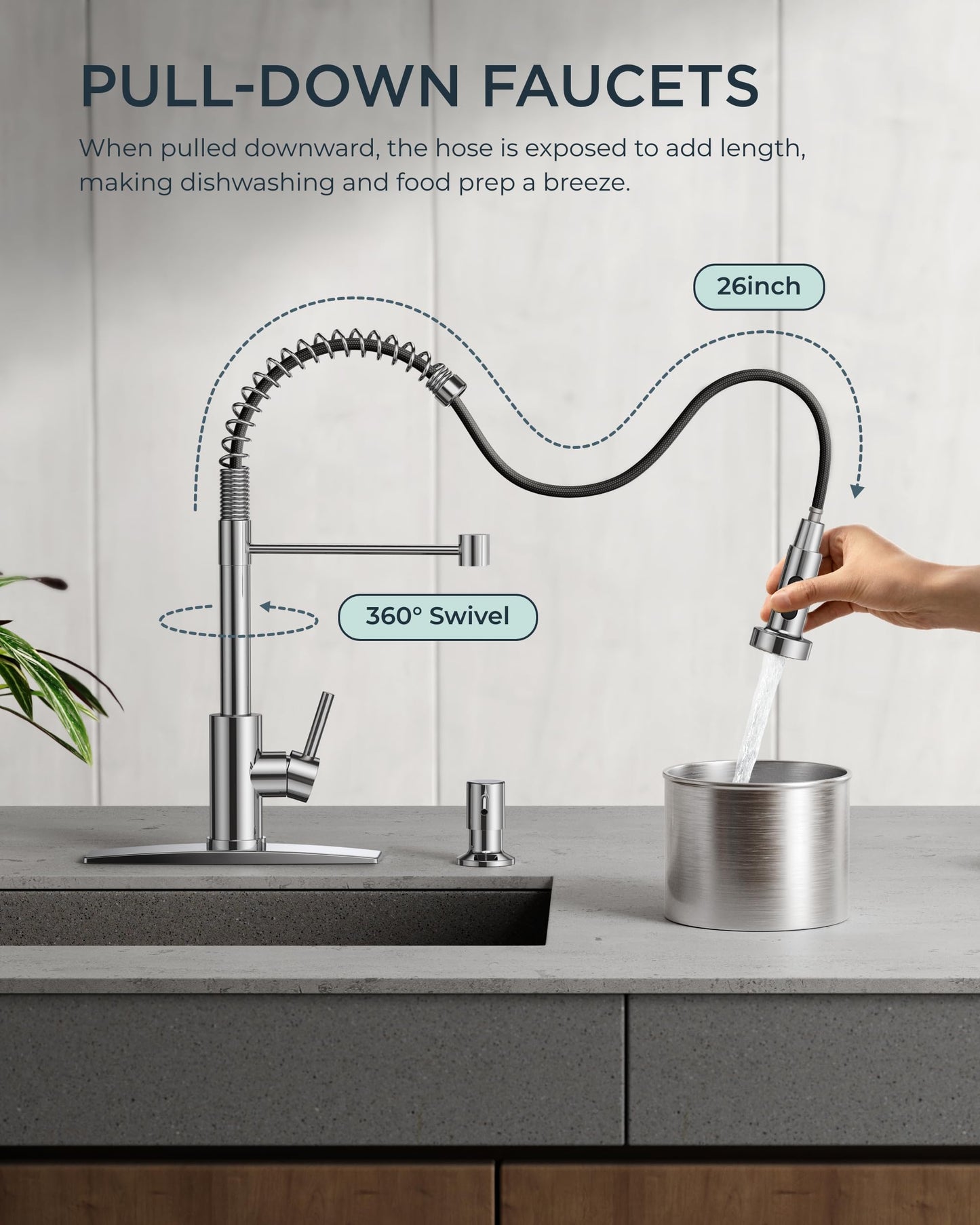 FORIOUS Kitchen Faucet with Pull Down Sprayer, Stainless Steel Commercial Single Handle Classic Spring Pull Out Sink Faucet for Pot Filler, Farmhouse Camper Bar Laundry Room, Chrome