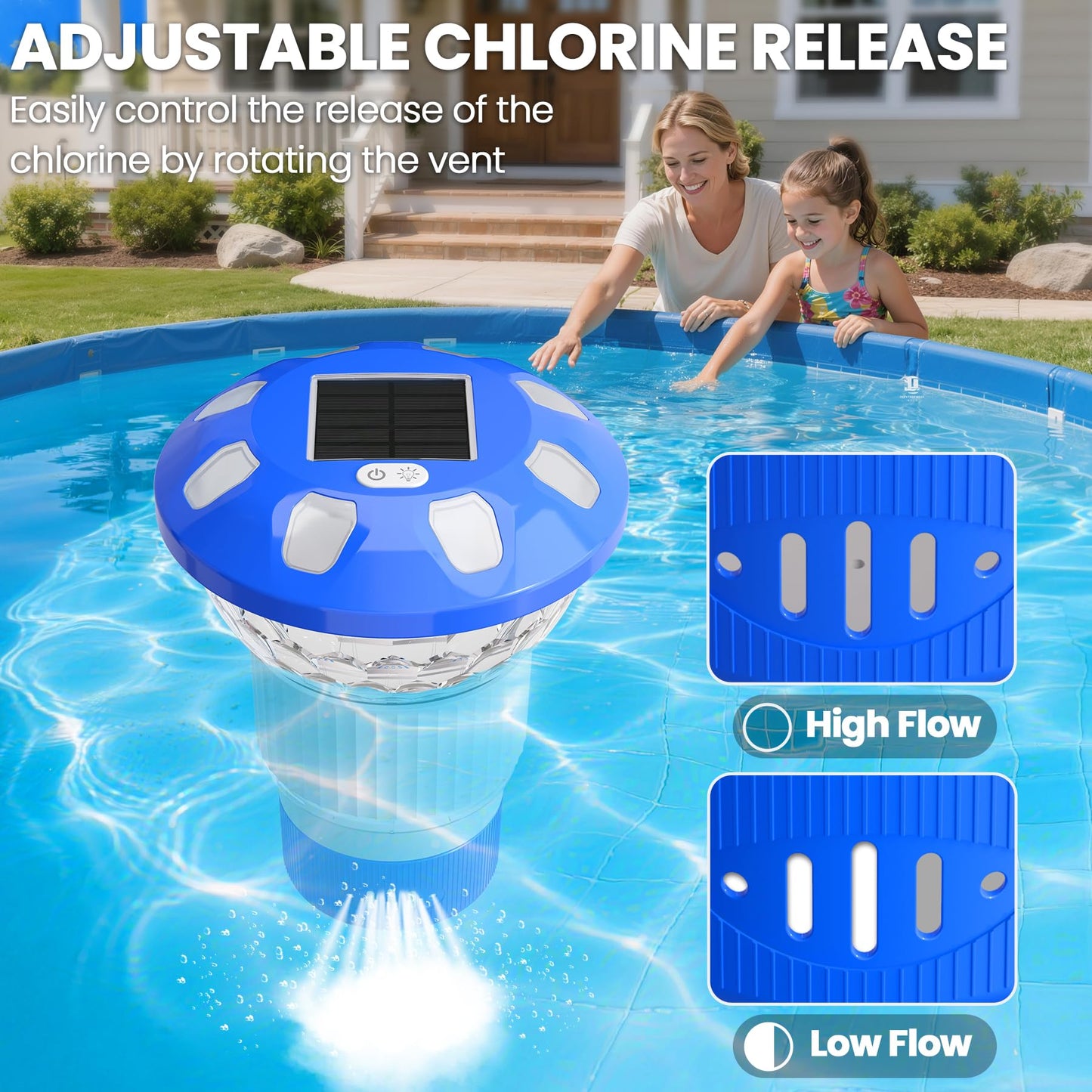 KingSom 2026 Upgraded Pool Chlorine Floater,Solar Chlorine Floater w/Lights,Button Control Chlorine Floater,Large Capacity Floating Chlorine Dispenser,Chlorine Floater w/Adjustable Release-Blue