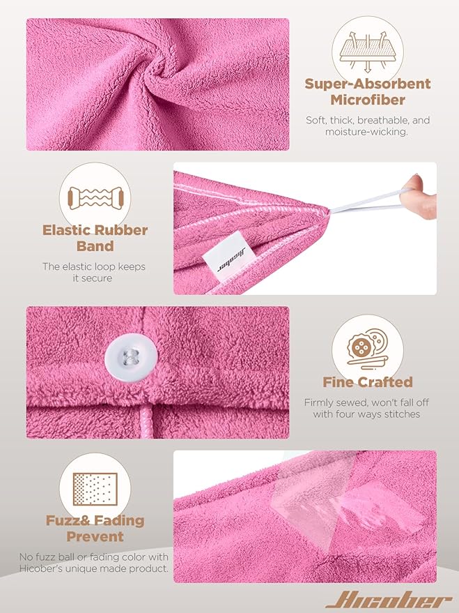 Hicober Microfiber Hair Towel, 3 Packs Hair Turbans for Wet Hair, Drying Hair Wrap Towels for Curly Hair Women Anti Frizz (Light Aqua,Peachy Coral, Sweet Pink)