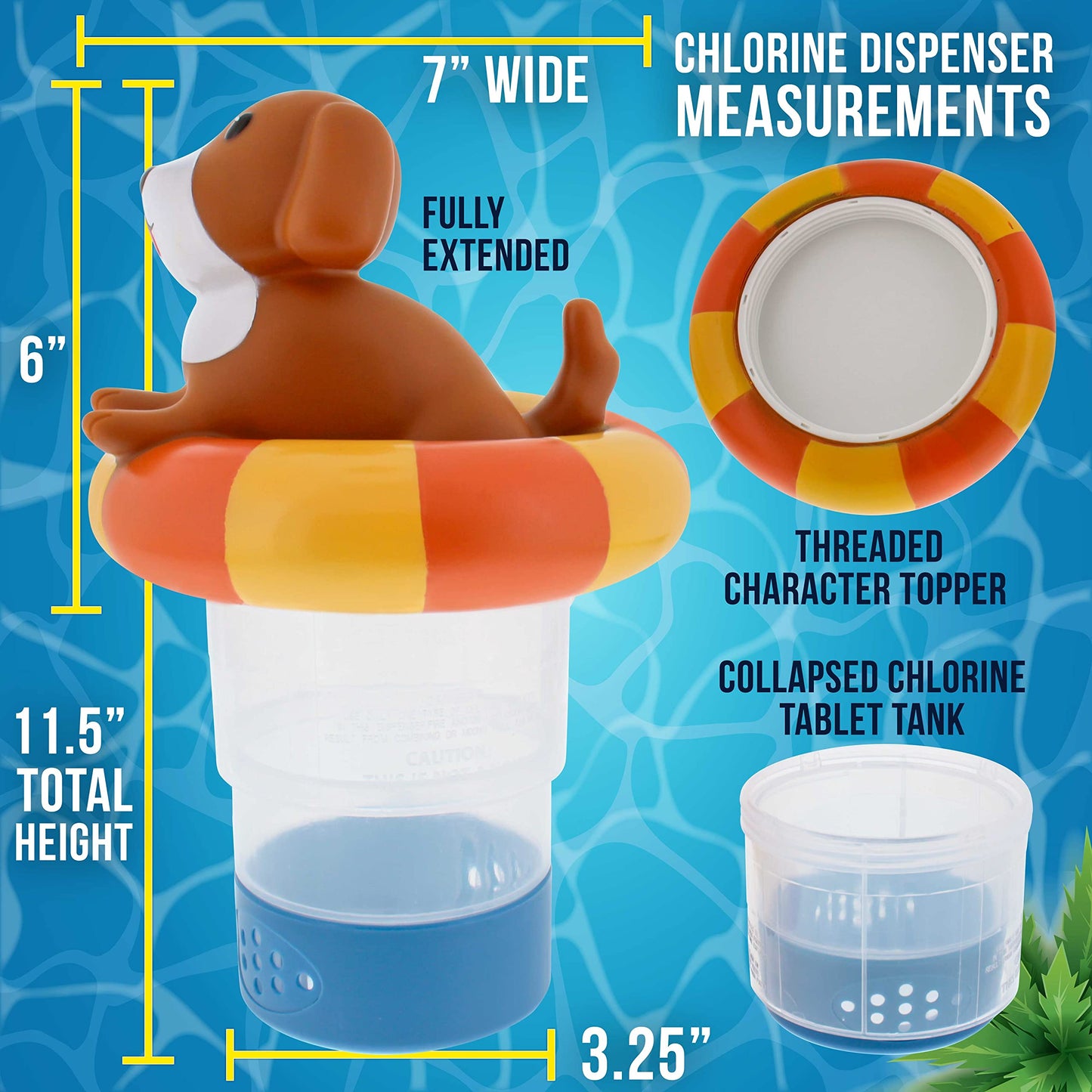 U.S. Pool Supply Puppy Dog Floating Pool Chlorine Dispenser, Collapsible Base, Holds 3" Tablets - 7" Fun Cute Happy Pet Life Preserver Animal Float Floater Decoration, Adjustable Balanced Delivery