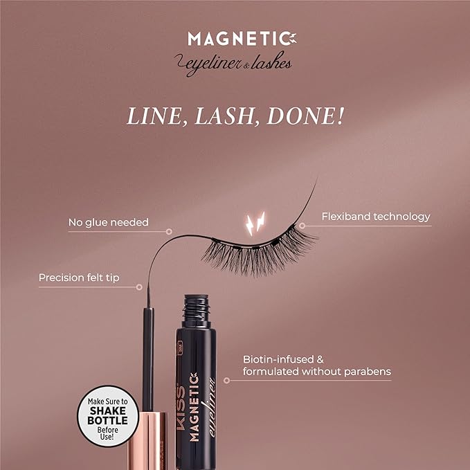 KISS Magnetic False Eyelashes and Eyeliner, ‘Entice’, 12mm, Easy to Apply, Reusable, No Glue, Flexiband Technology, Precision Felt Tip, Fortified Formula, 1 Pair Strip Lashes (Pack of 2)