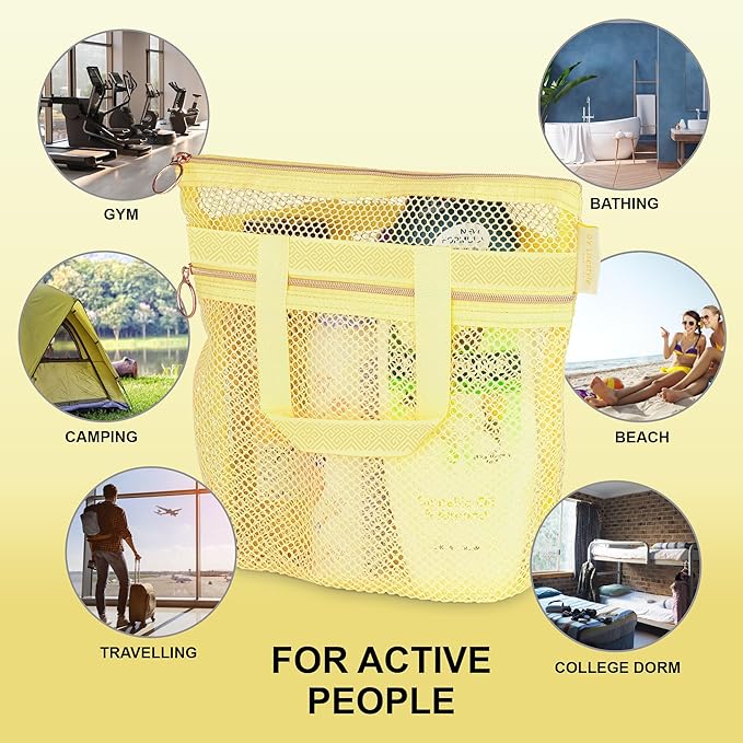 DV Lifestyle Mesh Shower Bag 10.2x9.9'' Quick-Dry Caddy with Zipper & 2 Pockets. Portable Toiletry Tote for Bathroom, Gym, Travel, Camp, Beach, for Sunscreen, Dorm & College Essentials (Yellow)