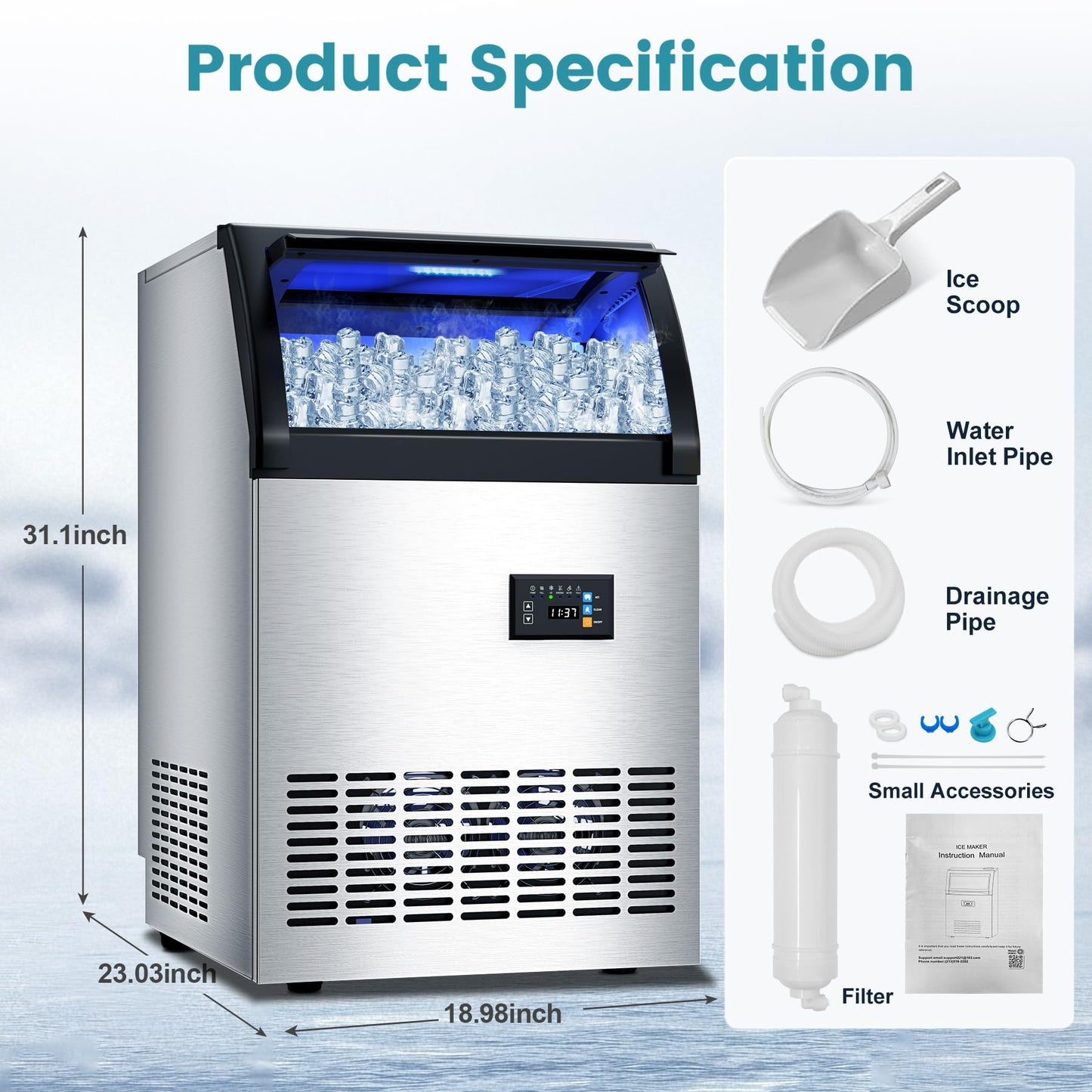 Commercial Gourmet Ice Maker Machine, 115 Lbs/24H, 55 Lbs Storage, Stainless Steel Freestanding/Under Counter Ice Machine with Water Filter & Scoop for Office, Bar, and Restaurant