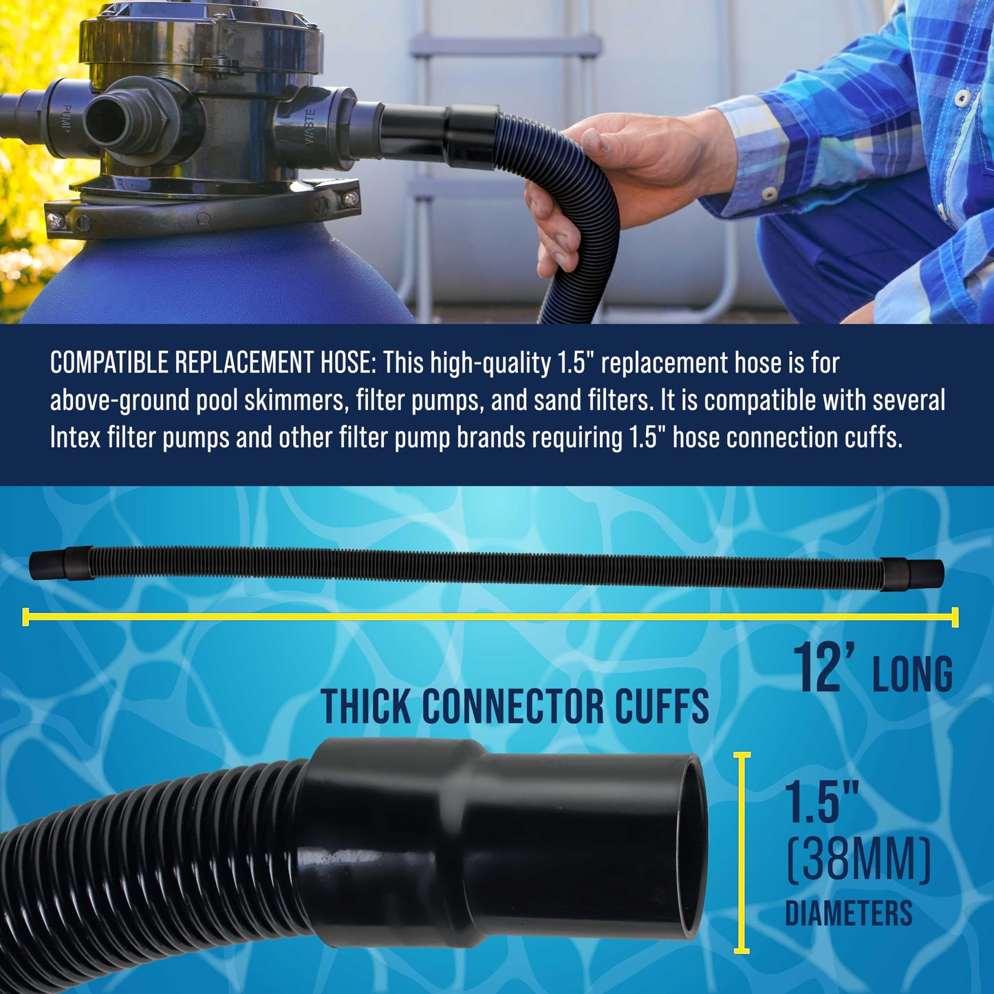 U.S. Pool Supply 12 Foot Heavy-Duty Above Ground Pool Hose, 1.5" - Black Replacement Filter Connecting Hose, Flexible Spiral Wound EVA - Compatible with Intex for Pool Filter Pumps -Skimmer Pump