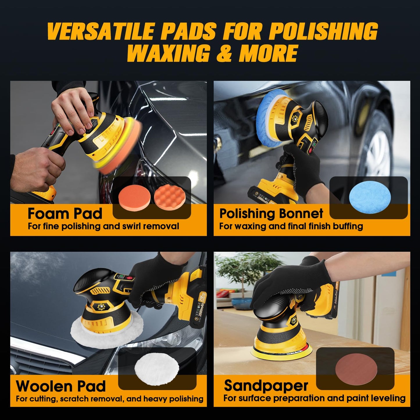 Niusken Cordless Car Buffer Polisher kit [2x 2000mAh 21V Batteries & 18 PCS Attachments] 6-Speed Orbital Design, LED Display, Lightweight Detailing Tool for Waxing, Polishing & Scratch Removal-Yellow