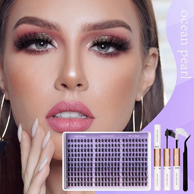 Ocean Pearl Lash Clusters Kit 240pcs,Eyelashes,spike-effect cluster lashes,10-18mm manga/anime-inspired lashes clusters,eyelash clusters,DIY Cluster Eyelash Extensions with lash bond+seal+tweezers-M33