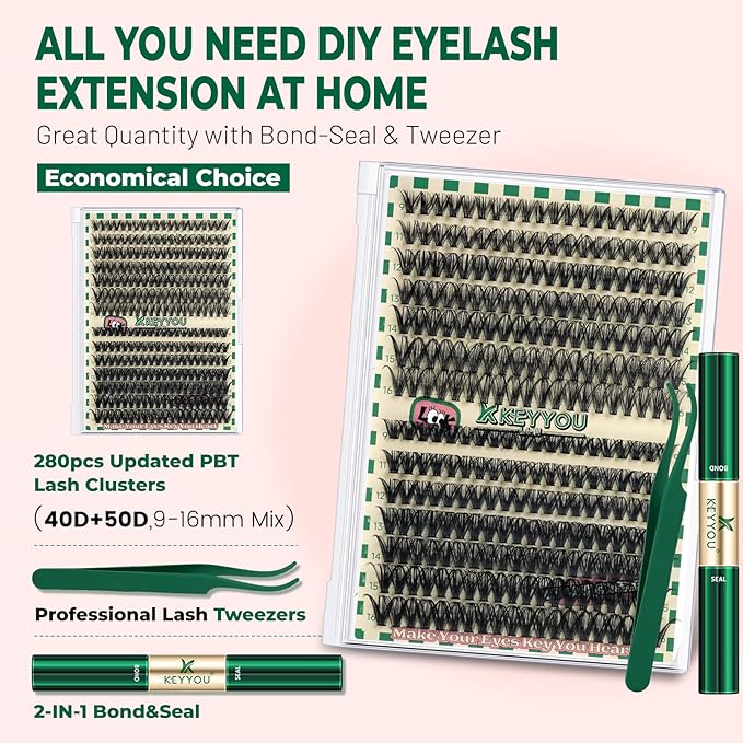 KEYYOU DIY Lash Extension Kit 280pcs Individual Lashes D Curl Eyelash Extension Kit 40D50D 9-16MIX Lash Clusters with Bond and Seal and Lash Applicator for DIY at Home(40D50D-0.07D-9-16MIX)