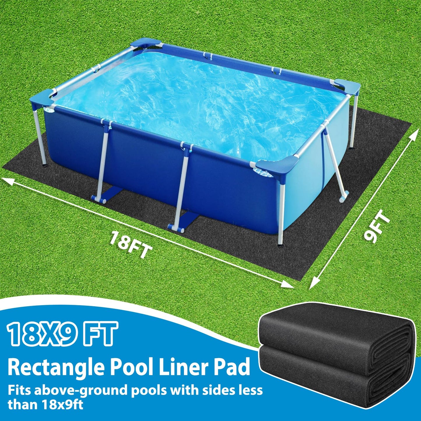 Thickened Pool Liner Pad for Above Ground Pool, 18’x 9’ Rectangle Under Pool Mat Padding, Pool Ground Pad Mat Under Pool for Pool Bottom, Prevent Punctures, Extend Liner Life