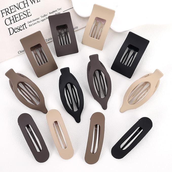 12 Pack Flat Hair Clips for Women-3 Styles Matte Neutral Flat Claw Clips, Black, Blonde,Light Brown & Dark Brown, Thick & Thin Hair Styling Accessories