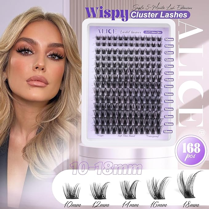 ALICE Lash Clusters Wispy Eyelash Clusters 10-18mm 168pcs Cluster Eyelash Extensions Natural Volume Lash Extensions DIY Individual Lashes with Soft Thin Band