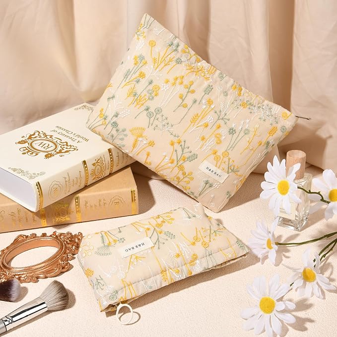 SOIDRAM 2 Pcs Makeup Bag Large Cosmetic Bag Toiletry Bag Makeup Pouch Travel Bag Organizer Cute Makeup Brushes Aesthetic Accessories Storage Bag for Women Wildflower Embroidery
