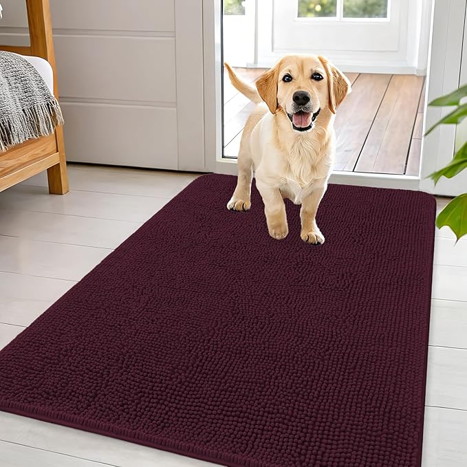 OLANLY Dog Door Mat for Muddy Paws 44x32, Absorbs Moisture and Dirt, Absorbent Non-Slip Washable Doormat, Quick Dry Chenille Mud Mat for Dogs, Entry Indoor Entryway Carpet for Inside Floor, Russet