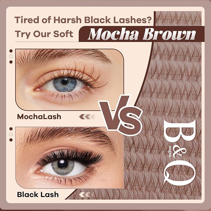 B&Q Brown Lash Clusters Natural Lash Clusters for Light Hair, Reusable MochaLash Cluster Eyelash Extensions Soft Brown False Eyelashes Comfortable Eyelash Clusters Perfect for Occasions（MochaLash 01）