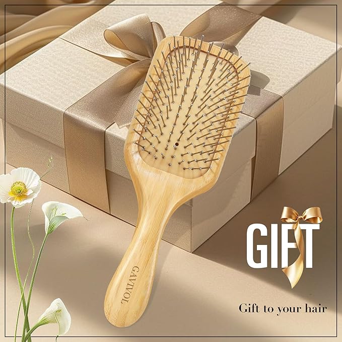 Bamboo Paddle Hair Brush with Metal Bristles Ã¢ÂÂ Boar Bristle Alternative, Anti-Static Detangling & Scalp Massage for Hair Growth Wood Handle All Hair Types for Women, Men & Kids, Wet Brush