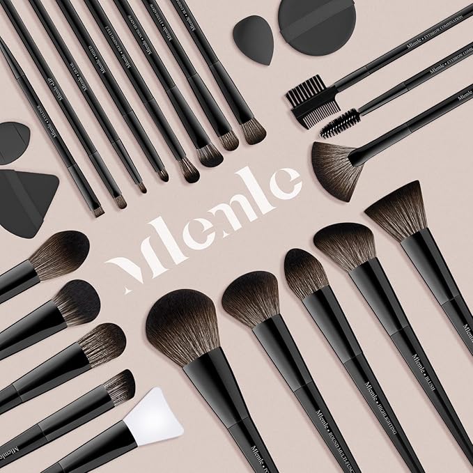 Makeup Brushes Set, Mlemle Professional 25 Pcs Makeup Kit, Include Powder Foundation Concealers Blush Eye shadows 21 Pcs Makeup Brushes and 2 Powder Puff, 2 Makeup Sponge(B02-EmberBlack)