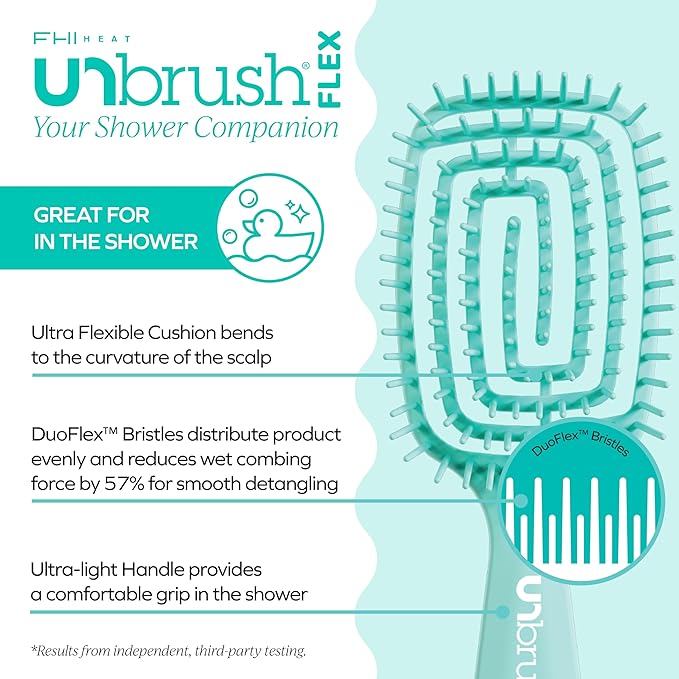 FHI Heat UNbrush Flex Detangling Brush — Ultra-Flexible, Pain-Free Hair Brush Detangler with DuoFlex Anti-Static Bristles for Removing Tangles, Massaging Scalp & Faster Styling - Teal