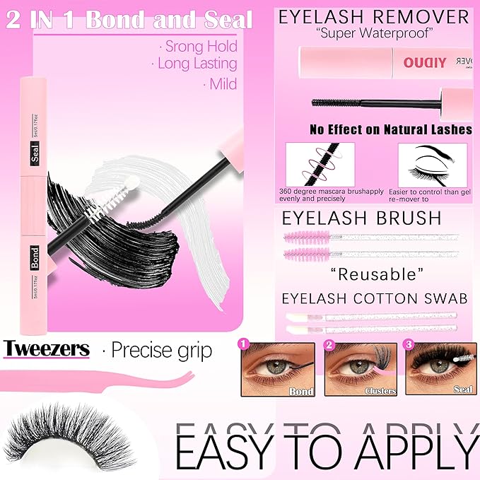 YIDUO 8 Styles Mix Lashes Clusters Kit 4 Box Cluster Lash Book Kit with Bond&Seal 1888Pcs 100D/200D/300D Volume Manga Eyelash Extension with Spikys/Bottom lash Kit for Beginners DIY at Home Easily