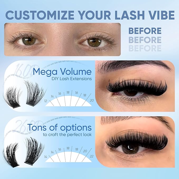 CORUSCATE Lash Clusters 160D+260D Eyelash Clusters 12-24mm Long Lash Extension Thick Cluster Eyelash Extensions Volume Strip Mink Lashes Cluster Dramatic Full Salon Look Mega Eyelashes
