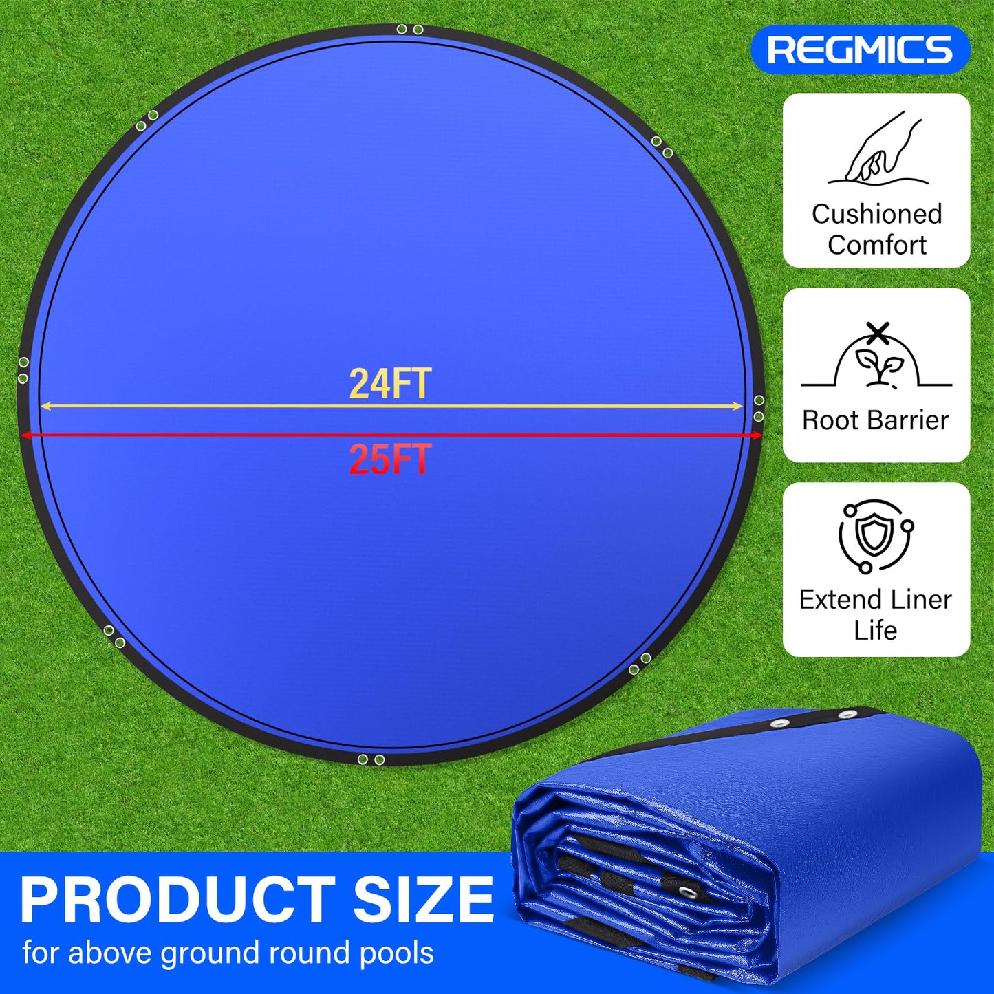 REGMICS 24FT Round Pool Liner Pad for Above Ground Pools, 165 GSM Thickened Puncture-Resistant Under Mat (25FT Actual), Heavy-Duty Underlayment with Metal Grommets