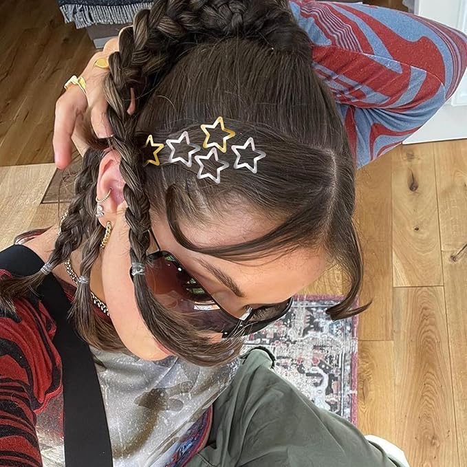 Star Hair Clips 2000s Y2K Snap Hair Barrettes Non Slip Star Hair Accessories Gold Silver Metal Hair Clips for Girls Women -30 PCS 1.18"