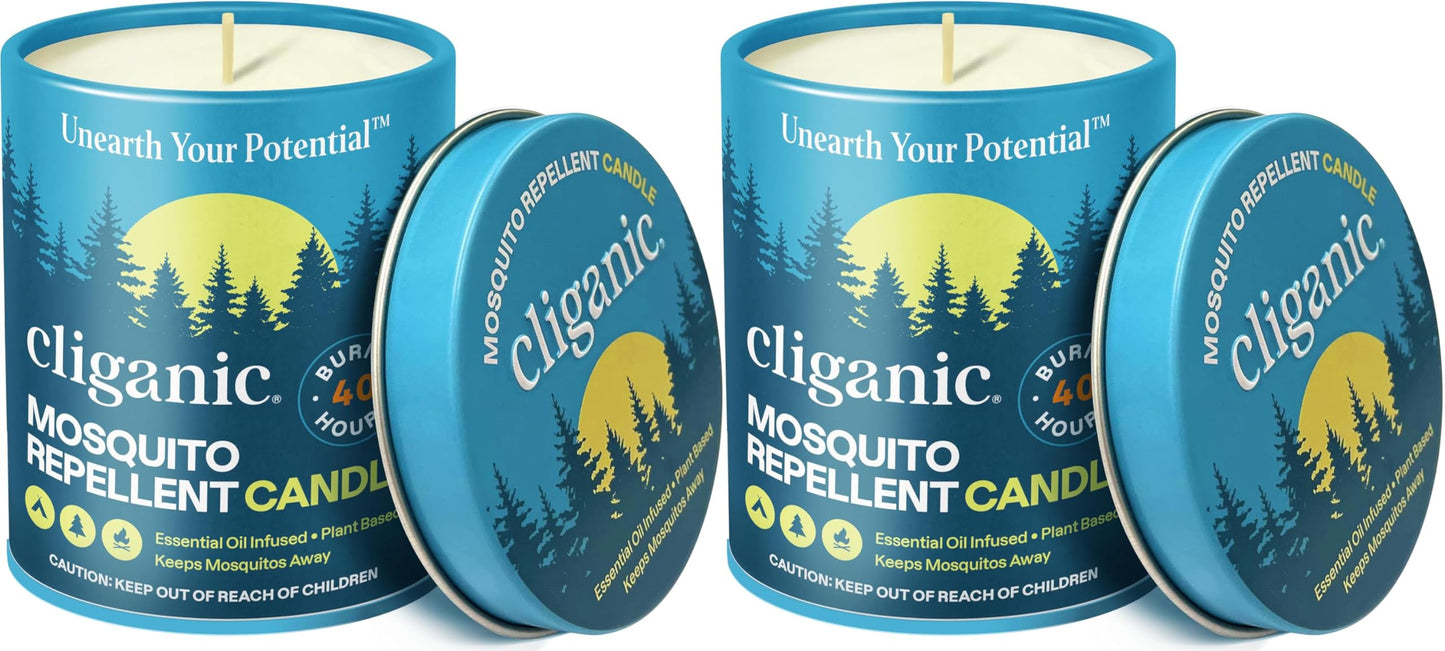 Cliganic Natural Mosquito Repellent Candle (9oz, Pack of 2) | Citronella, DEET Free, Essential Oil Infused for Outdoor, Camping | Burns 40 Hours