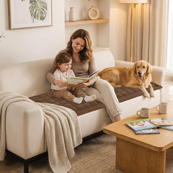 Smiry Non Slip Couch Covers for Dogs, Fuzzy Pet Couch Covers for 3 Cushion Sofa Pet Friendly, Soft Sofa Slipcovers Cushion Furniture Protector Washable (Brown, 27.6" x 82.7")