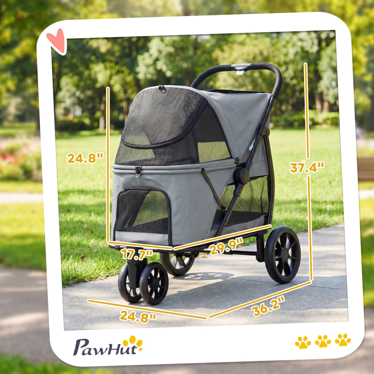 PawHut 3 Wheel Pet Stroller, Dog Stroller Dual Entry, Easy One-Click Quick Fold, All-Terrain Wagon Cart with Air Mesh, Washable Cushion, for Small and Medium Dogs and Cats Up to 44 lbs, Gray