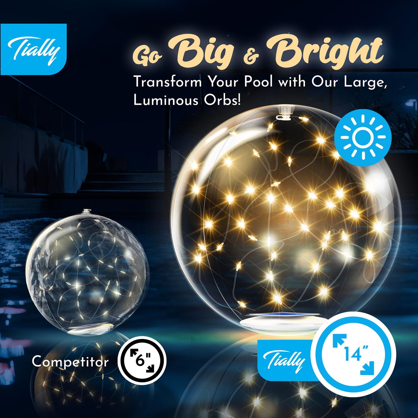 TIALLY Fairy Floating Pool Lights Solar Powered - 14" Inflatable Waterproof Led Glow Balls, Floating Light Up Balls for Swimming Pool Party Decorations, Cool Outdoor Decor (2 Pack)