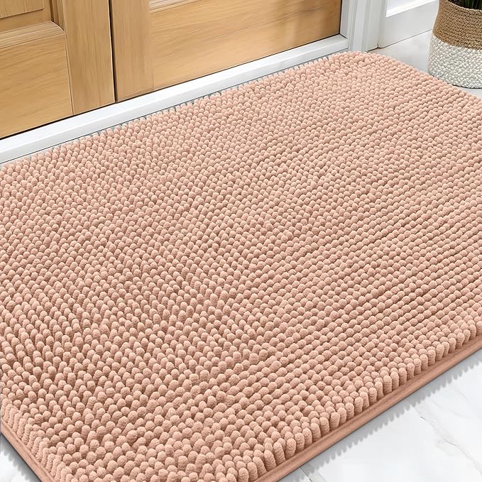 OLANLY Dog Door Mat for Muddy Paws 34x21, Absorbs Moisture and Dirt, Absorbent Non-Slip Washable Doormat, Quick Dry Chenille Mud Mat for Dogs, Entry Indoor Entryway Carpet for Inside Floor, Peach