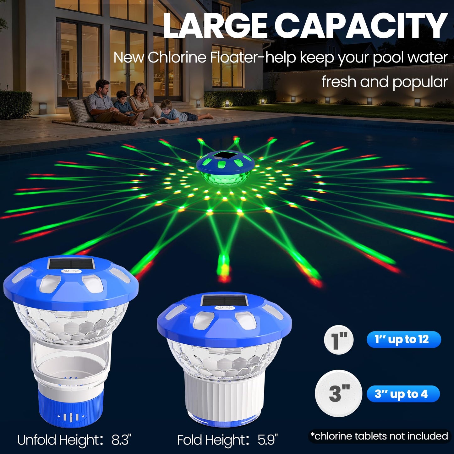 KingSom 2026 Upgraded Pool Chlorine Floater,Solar Chlorine Floater w/Lights,Button Control Chlorine Floater,Large Capacity Floating Chlorine Dispenser,Chlorine Floater w/Adjustable Release-Blue