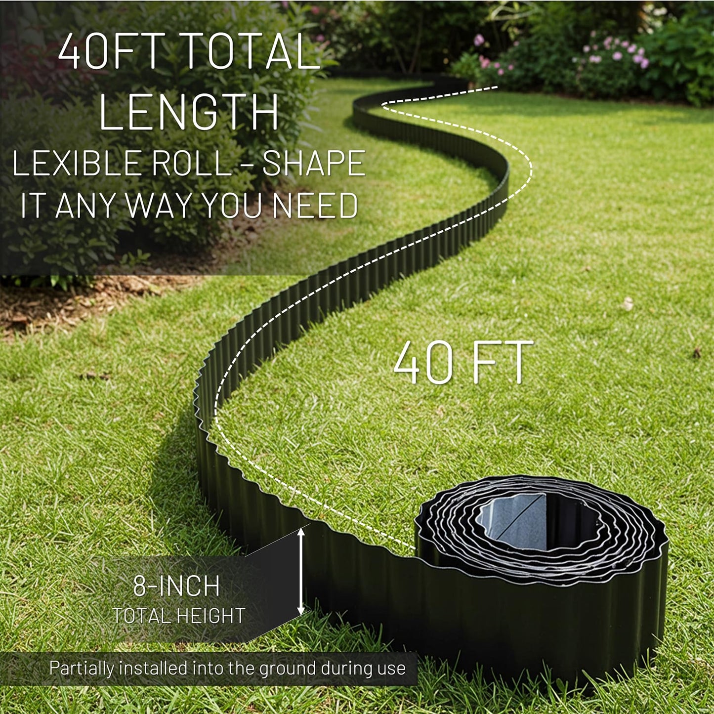 40FT x 8IN Flexible Corrugated Metal Garden Edging Roll, Rust Resistant Galvanized Steel Landscape Border, Flexible Lawn Edging for Flower Beds, Pathways & Outdoor Landscaping
