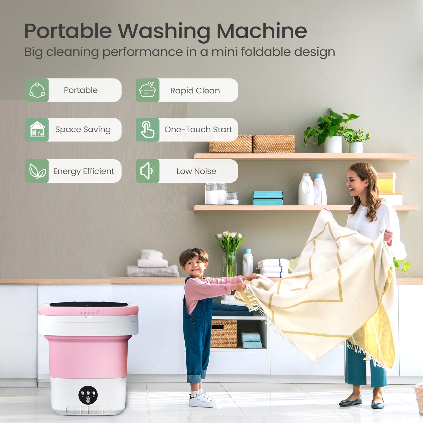 Portable Washing Machine - 16L Mini Foldable Washer with Spin Basket, 3 Cleaning Modes & Deep Cleaning for Small Clothes, Collapsible Laundry for Apartment, Home, Hotel and Travel (Pink)