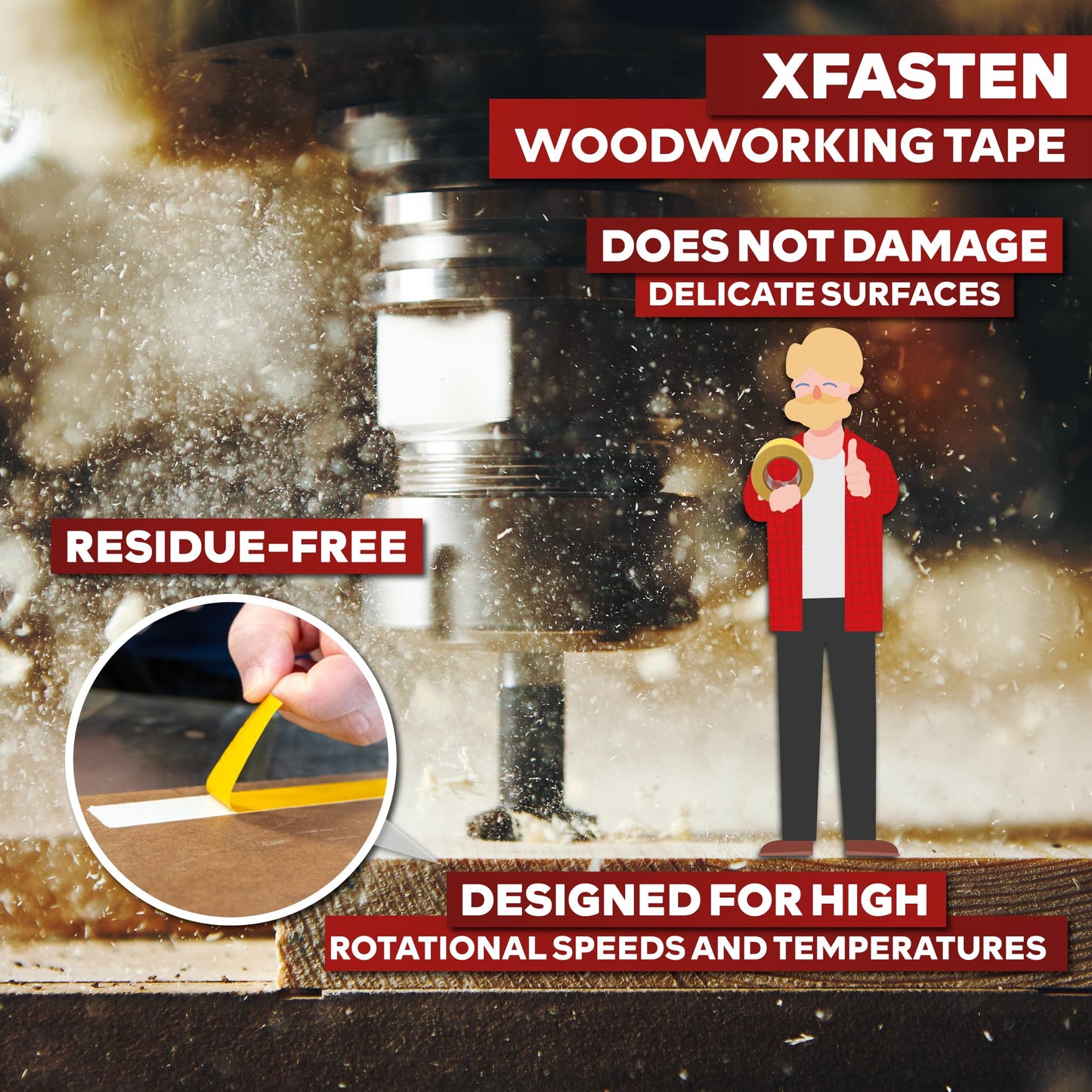 XFasten Double Sided Woodworking Tape 4 Inches x 90 Feet, Residue-Free and Removable Double Sided Wood Mounting Boards, Masking Tape for Wood Template, MDF, Metal, Edge Banding, Routing, Anchoring