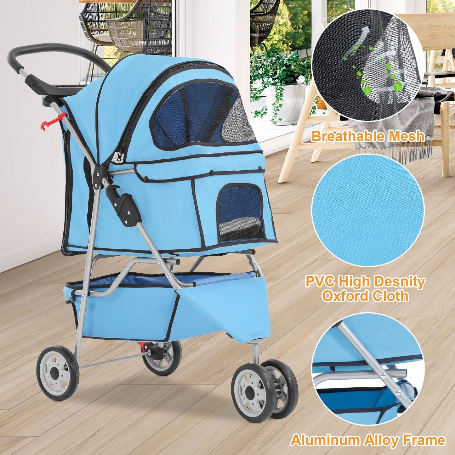 BestPet 3 Wheels Pet Stroller Dog Stroller Cat Cage Jogger Stroller Cats Travel Folding Carrier Waterproof Puppy Stroller with Cup Holder & Removable Liner,Blue