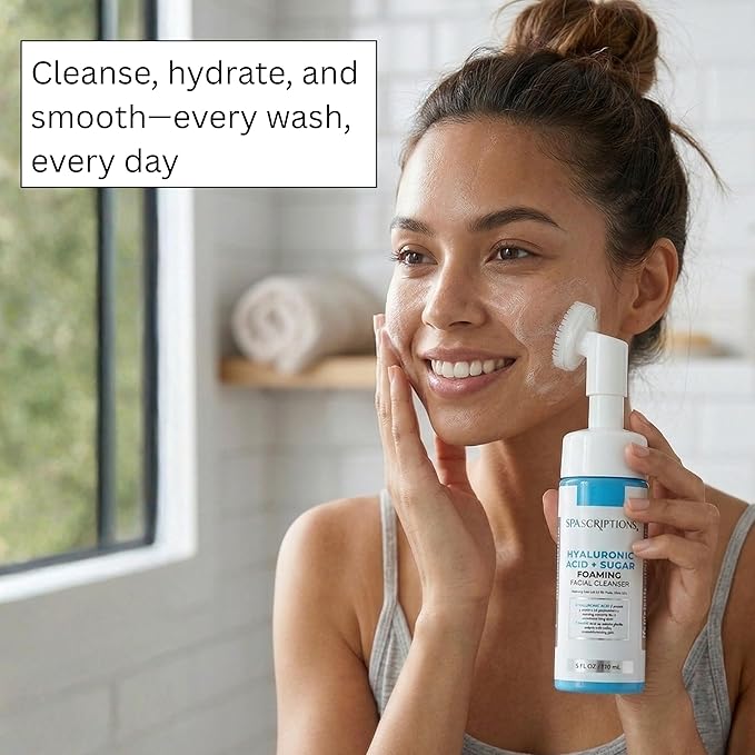 SpaScriptions 2 in 1 Cleanse & Exfoliate Foaming Facial Cleanser - Hydrating Hyaluronic Acid Face Wash with Sugar for Dry Skin with Soft Silicone Brush for Daily Cleansing, All Skin Types, 5 oz