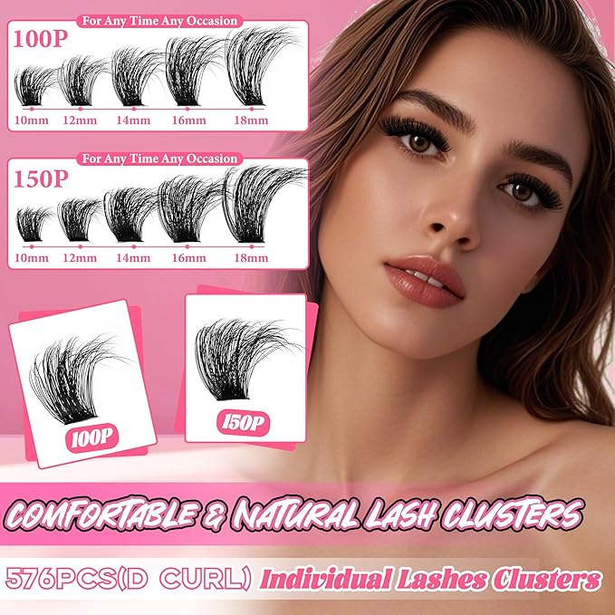 Lash Clusters Kit 560Pcs Cluster Eyelash Extensions Volume 100D 150D Eyelash Clusters D Curl Lashes Clusters DIY Individual Lash Clusters Eyelash Glue Lash Tweezers