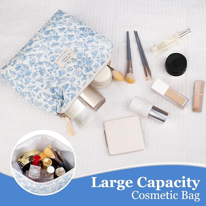 Large Makeup Bag, Cute Cosmetic Bag for Women Girls, Floral Coquette Aesthetic Toiletry Bag, Travel Make Up Organizer Bag(Blue Floral)