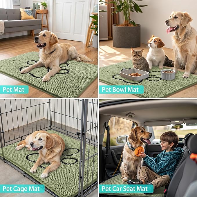 Smiry Dog Door Mat for Muddy Paws, Absorbent Dirt Trapper Non Slip Quick Dry Washable Chenille Mat for Mud Dogs, Entry Rug for Indoor and Outdoor (48x30 Inches, Sage Green and Black)