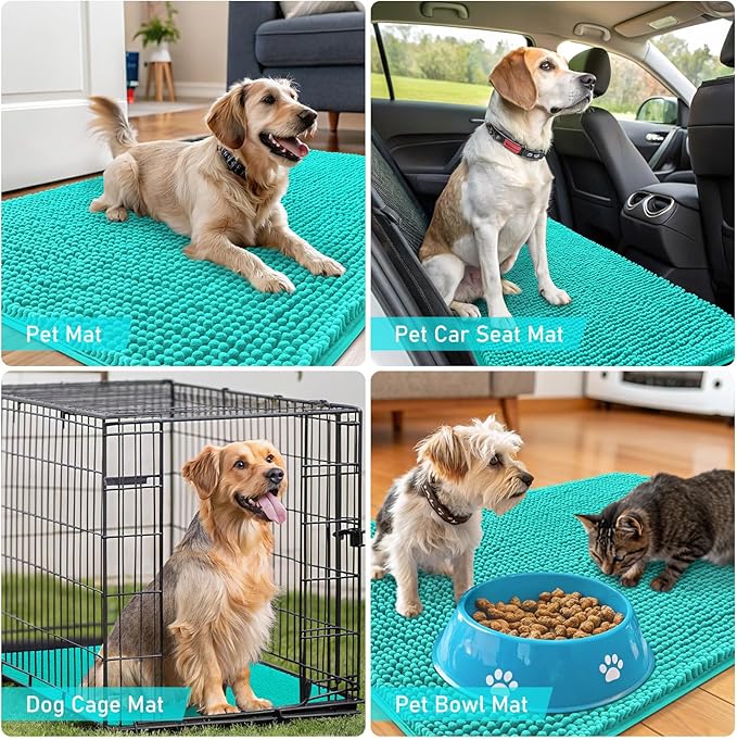 OLANLY Dog Door Mat for Muddy Paws 47x17, Absorbs Moisture and Dirt, Absorbent Non-Slip Washable Doormat, Quick Dry Chenille Mud Mat for Dogs, Entry Indoor Entryway Carpet for Inside Floor, Teal
