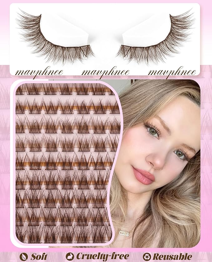 Cluster Lashes Brown Eyelash Clusters Natural Individual Lashes Extensions Fluffy Lash Clusters Wispy Cluster Eyelash Extensions DIY Lash at Home Easy to Apply Dark Brown Lashes (10-16MM, CC-Curly)