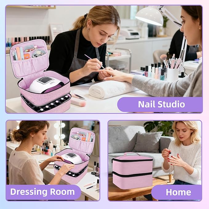 Nail Polish Organizer Holds 30 Bottles (15ml - 0.5 fl.oz) Double-layer Gel Nail Polish Kit Case, Nail Holder for Nail Lamp, Portable Nail Organizer and Storage for Nail Supplies (Pink)
