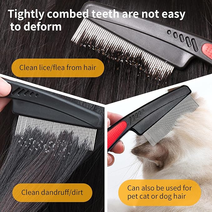 Dandruff Comb Wide Tooth, Stainless Steel Fine Tooth Lice/Psoriasis Scalp Detox Comb for Women, Men & Kids, Professional Portable Sweep/Massage/Clean Shower Brush Tool for Hair Care/Growth (Black)
