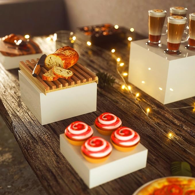 8Ã¢ÂÂ Buffet Risers with Mini Signs, Buffet Table Risers and Stands, Acrylic Cube Display Box for Catering Party Table Food Display, Dessert, Cakes - White, Set of 8 Boxes